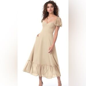 Azazie Baby Champagne Puff Sleeve Midi Dress (Custom Size, Fits Like Size 16)